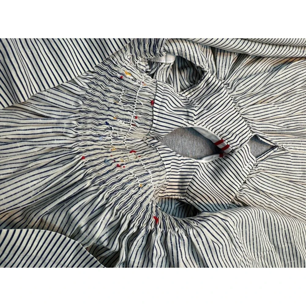 Vintage 1980s Girls Sailor Dress Smocked Nautical Striped Handmade Approx 4T